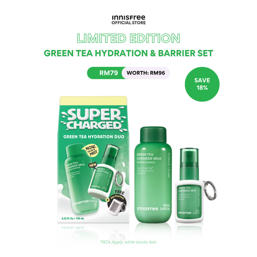 [Limited Edition] INNISFREE Supercharged Green Tea Hydration Duo - Green Tea Ceramide Milk Essence + Mist & Free Mist Keychain